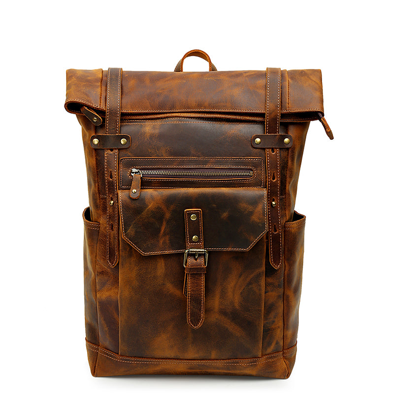 Stylish Leather Backpack with Roll-Top Design