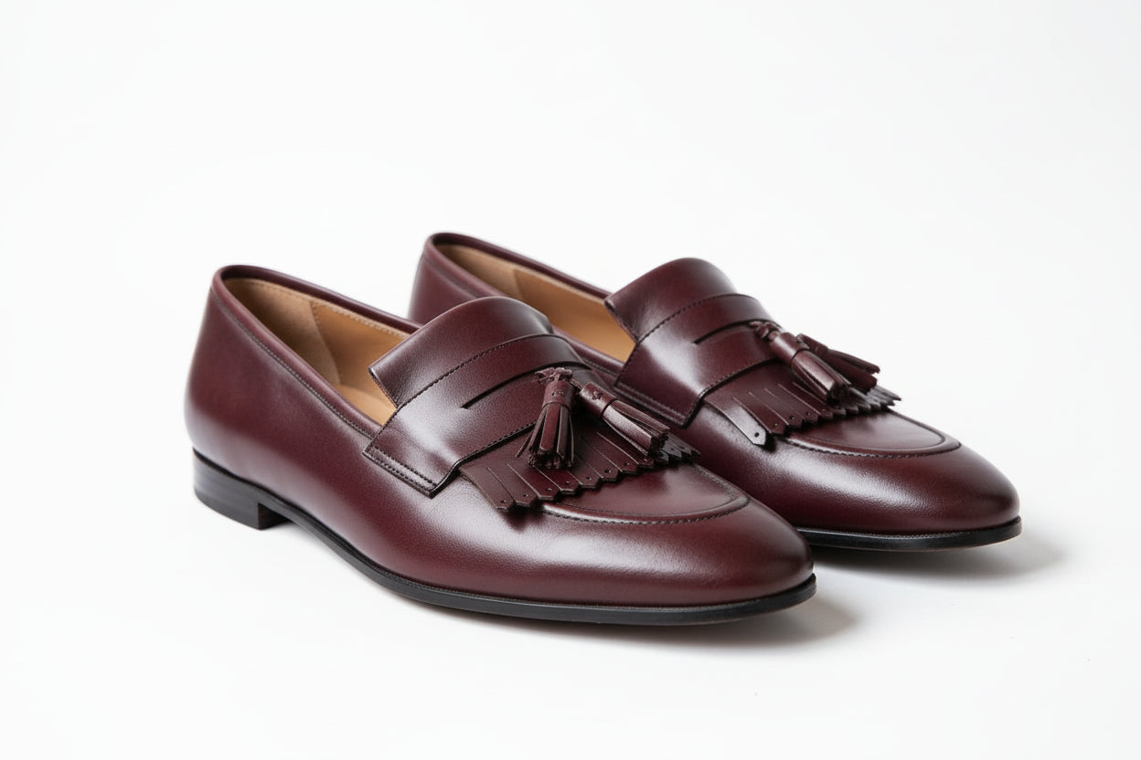 three-quarter-view - Handmade Men Elegant Brown Fringe Shoes, Leather Penny Loafer Shoes for