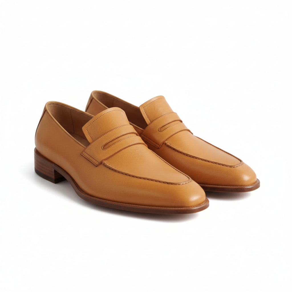 three-quarter-view - Handmade Men Formal Shoes, Tan Color Leather Moccasins Shoes Loafer