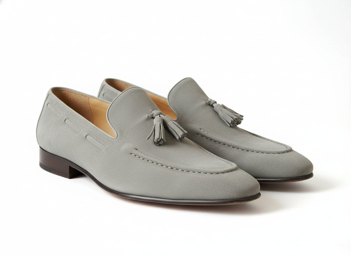 three-quarter-view - Handmade Men Gray Suede Tassels Shoes Moccasins Loafer Driving Shoes