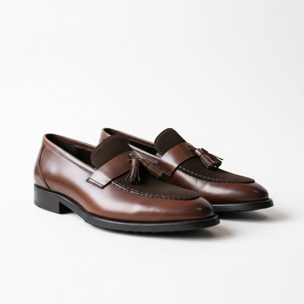three-quarter-view - Handmade Men Brown Tassels Moccasins Loafer Shoes, Brown Dress Shoes