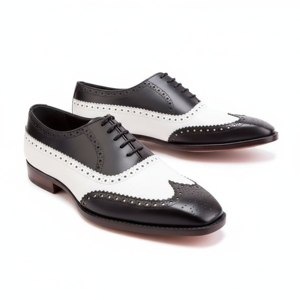 Black and White Leather Brogue Dress Shoes - three-quarter-view