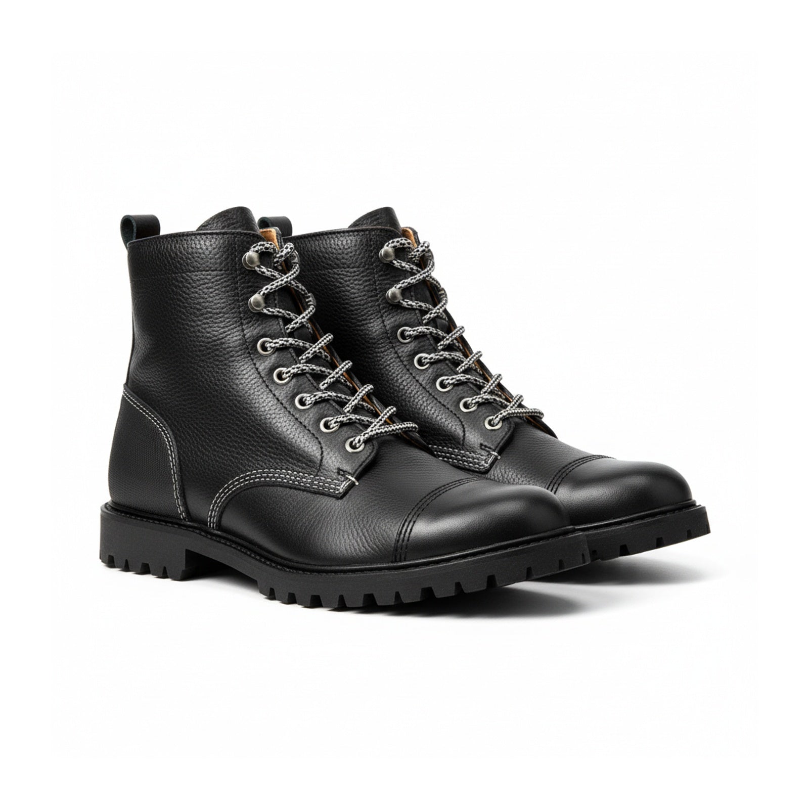three-quarter-view - Black Lace-Up Leather Motorcycle Boots