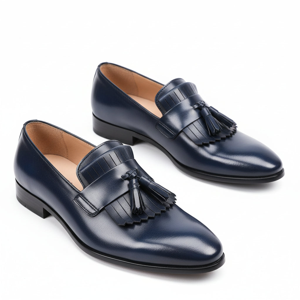 Blue Leather Moccasin Loafers with Fringes - three-quarter-view