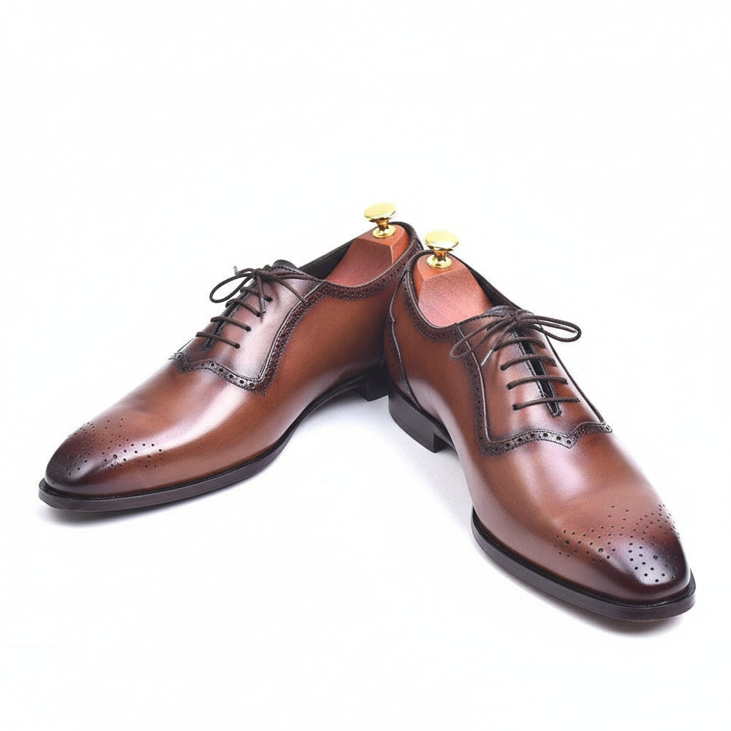 Brown Brogue Leather Formal Dress Shoes - three-quarter-view