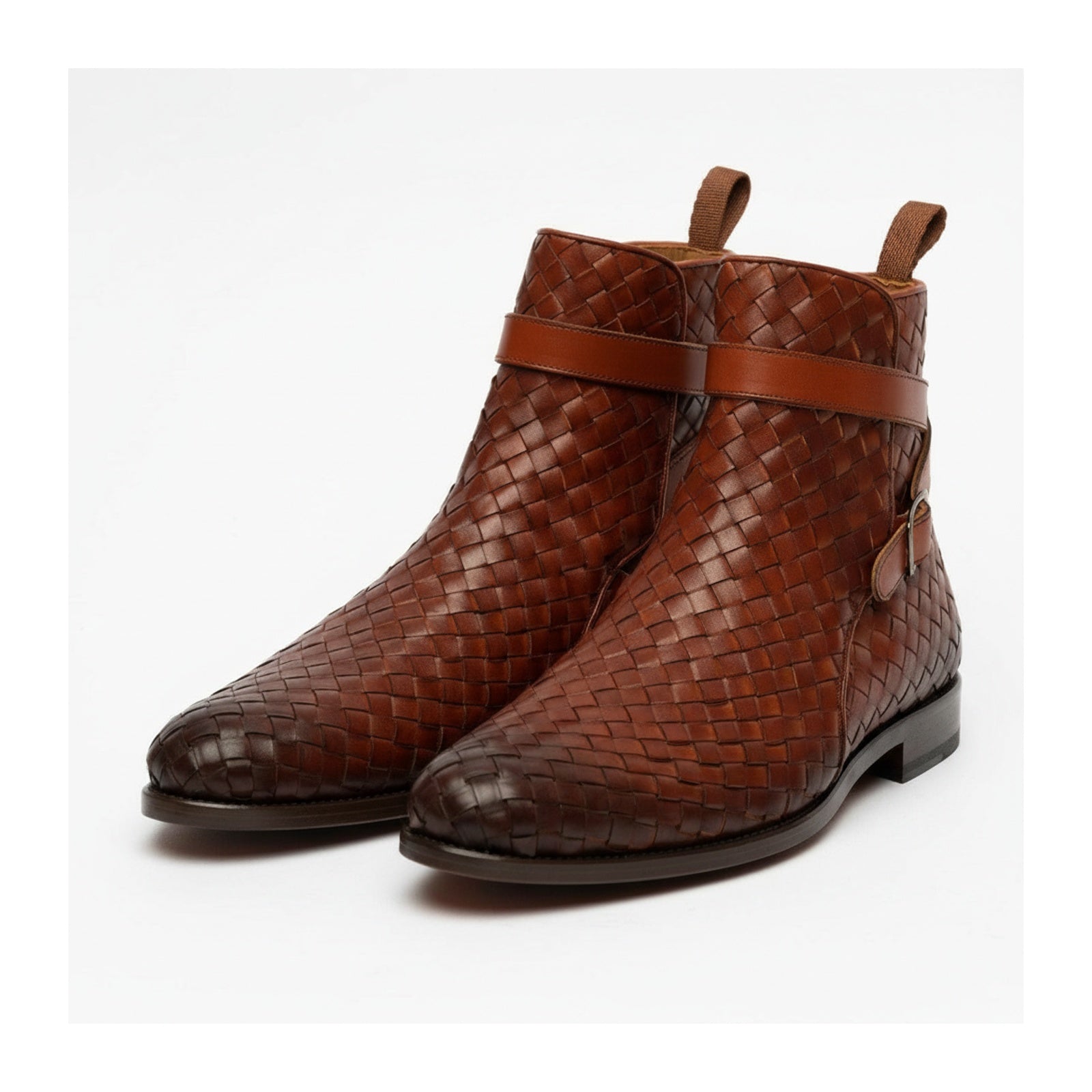 three-quarter-view - Brown Leather Ankle Boots with Chitai Mat Pattern