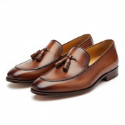 Brown Leather Tassel Moccasins Formal Dress Shoes - three-quarter-view