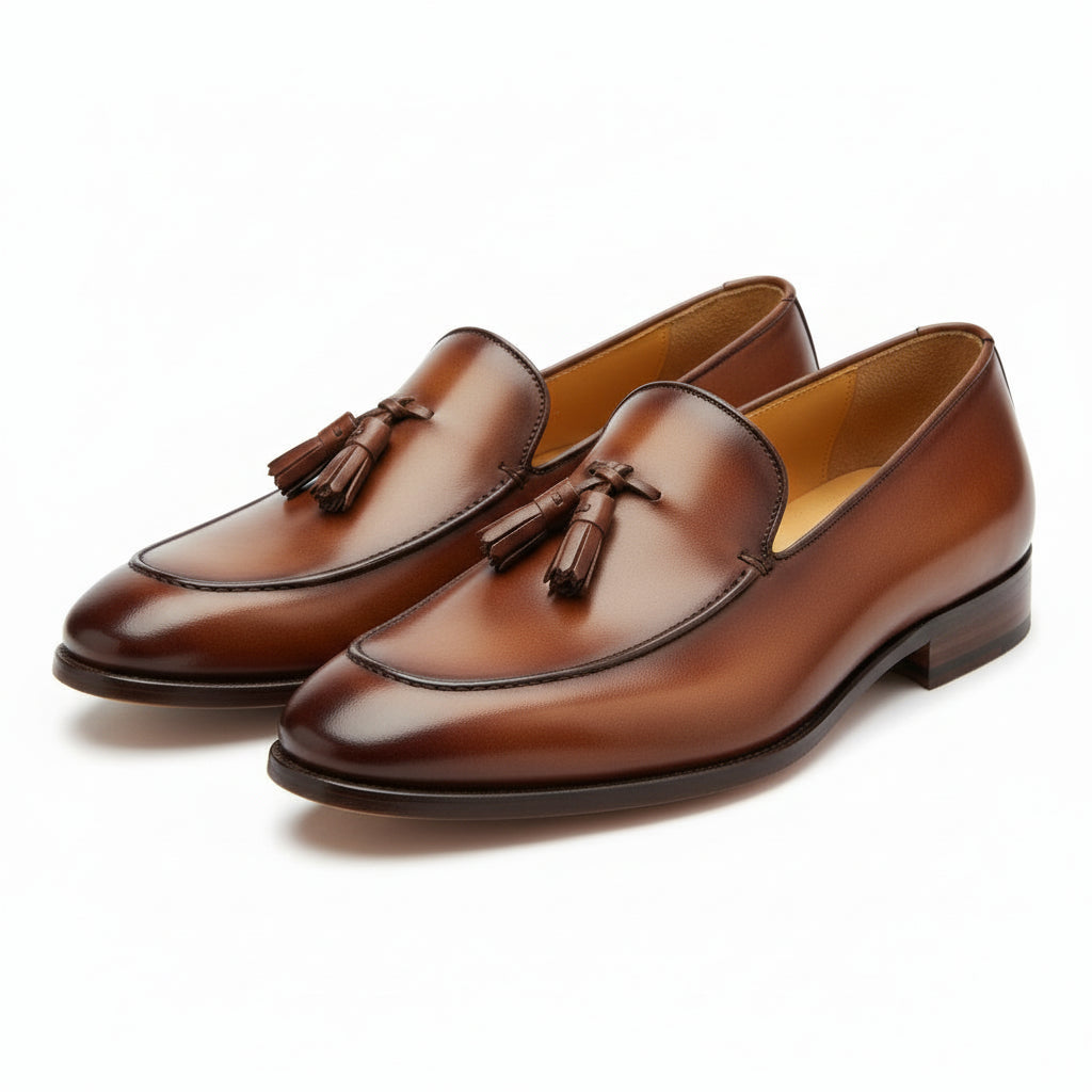 Brown Leather Tassel Moccasins Formal Dress Shoes - three-quarter-view