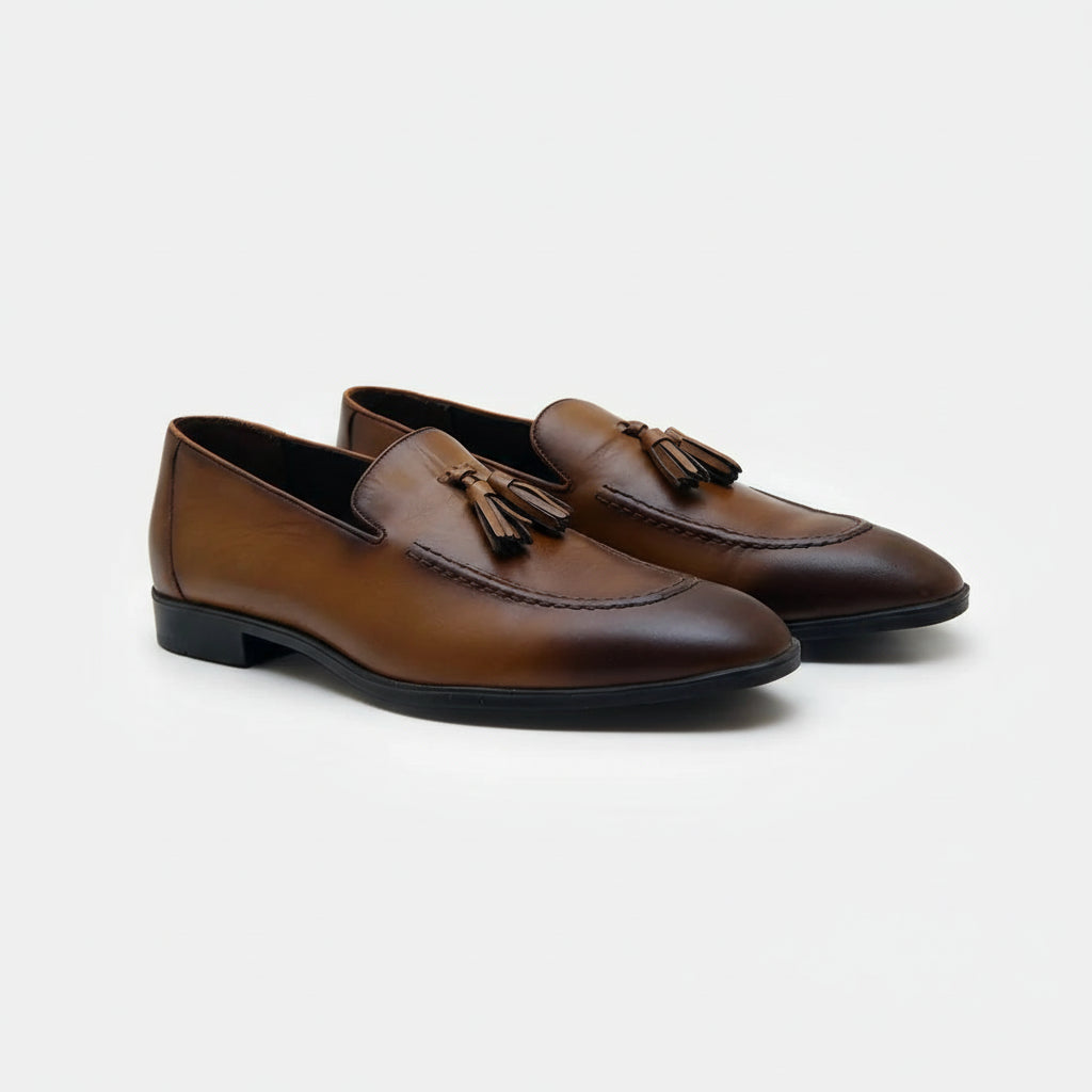 Brown Leather Tassels Moccasins - three-quarter-view