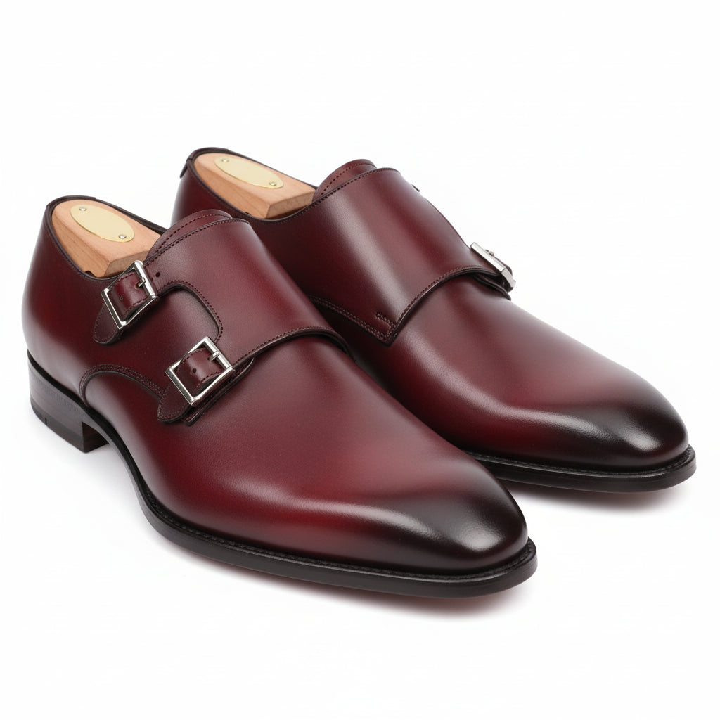 Burgundy Monk Leather Shoes - three-quarter-view