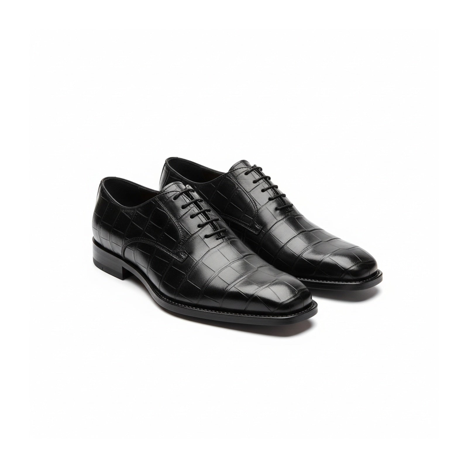 three-quarter-view - Crocodile-Texture Black Leather Dress Shoes