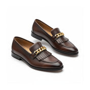 three-quarter-view - Dark Brown Leather Moccasin Loafers with Fringe