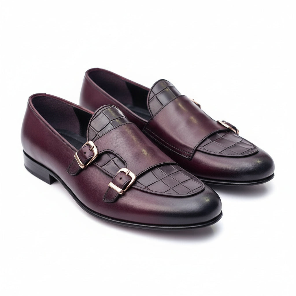 Double Monk Leather Dress Shoes, Penny Loafer Style - three-quarter-view