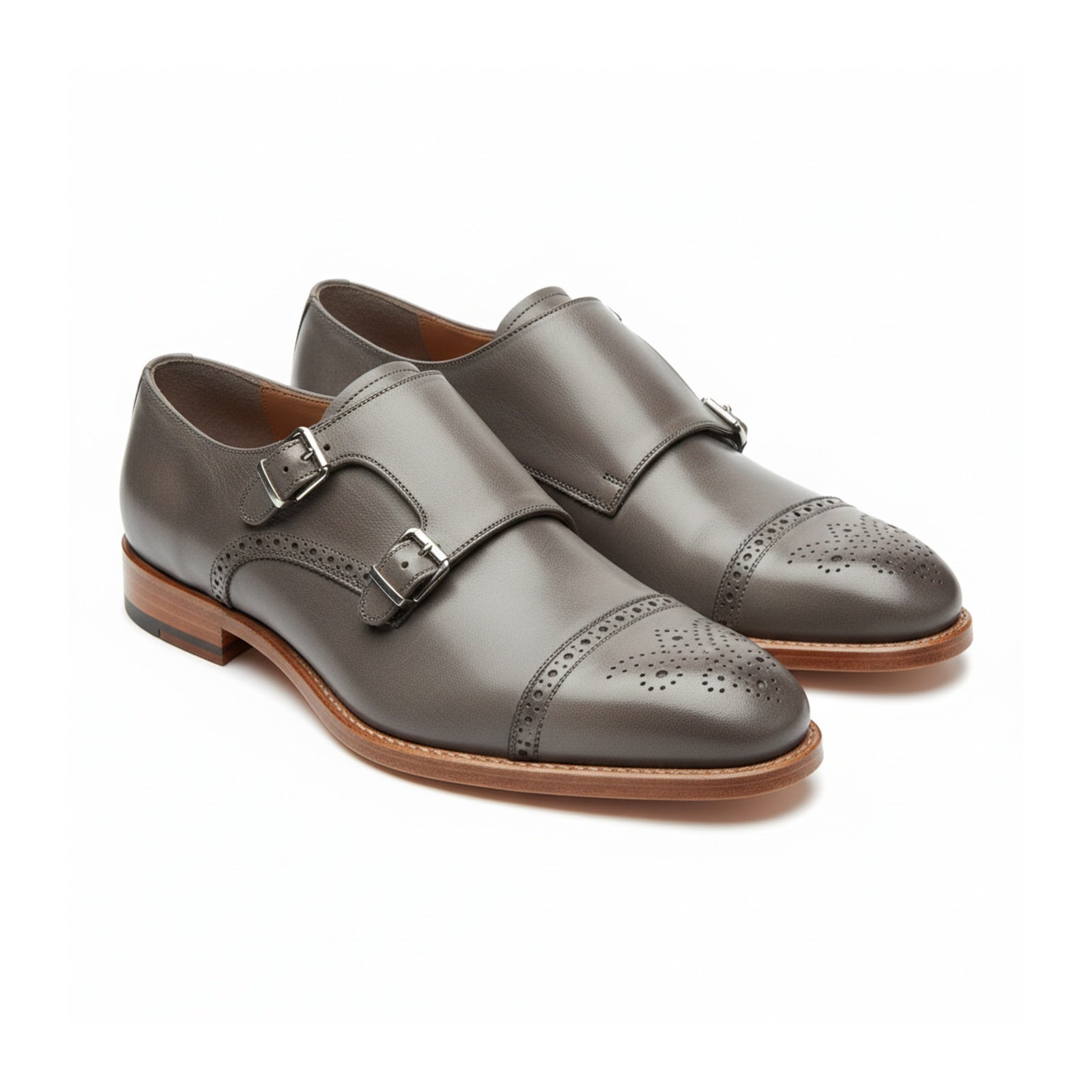 three-quarter-view - Gray Leather Oxford Double Monk Strap Shoes with Brogue Toe Cap