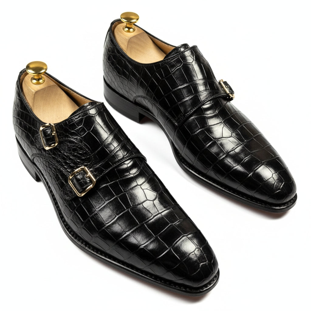 Men's Black Crocodile Leather Double Monk Dress Shoes - three-quarter-view