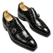 Men's Black Crocodile Leather Double Monk Dress Shoes - three-quarter-view