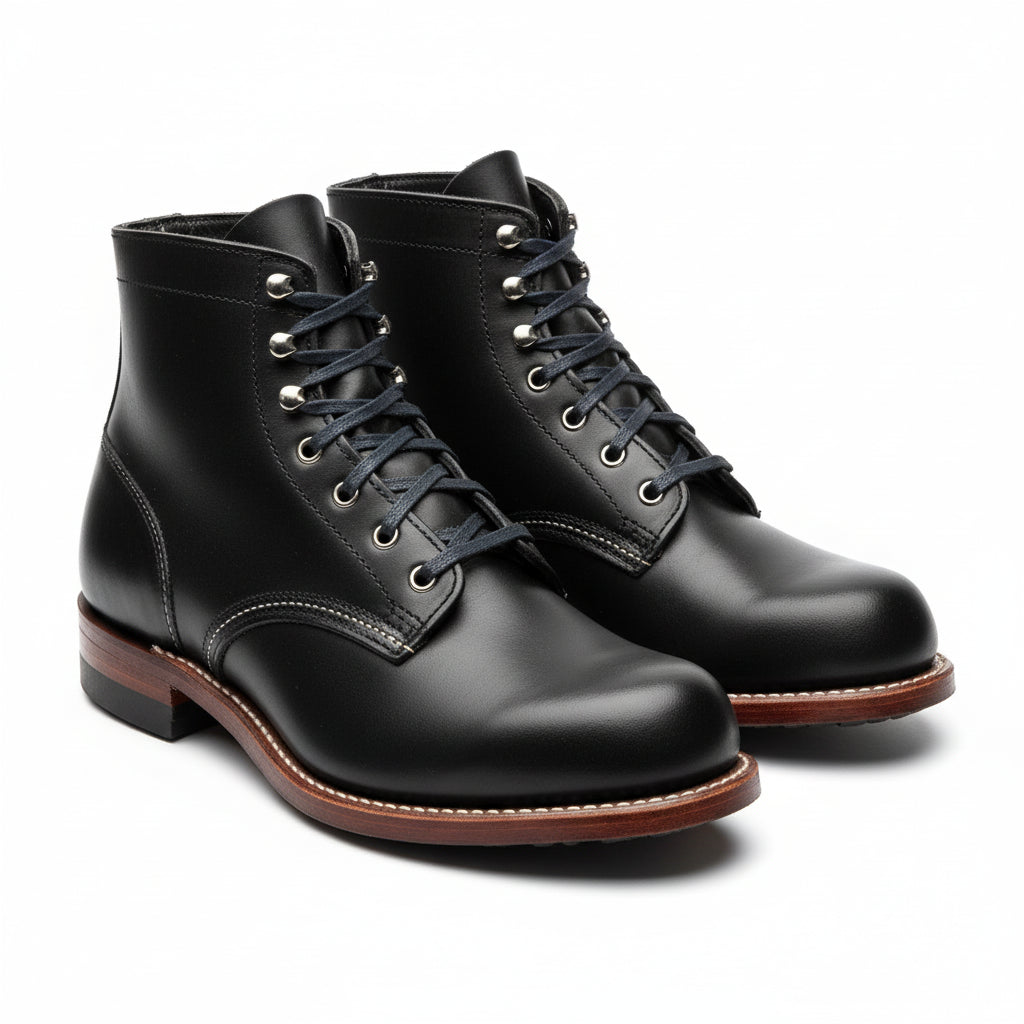 Men's Black Leather Ankle Boots with Lace-Up Design - three-quarter-view