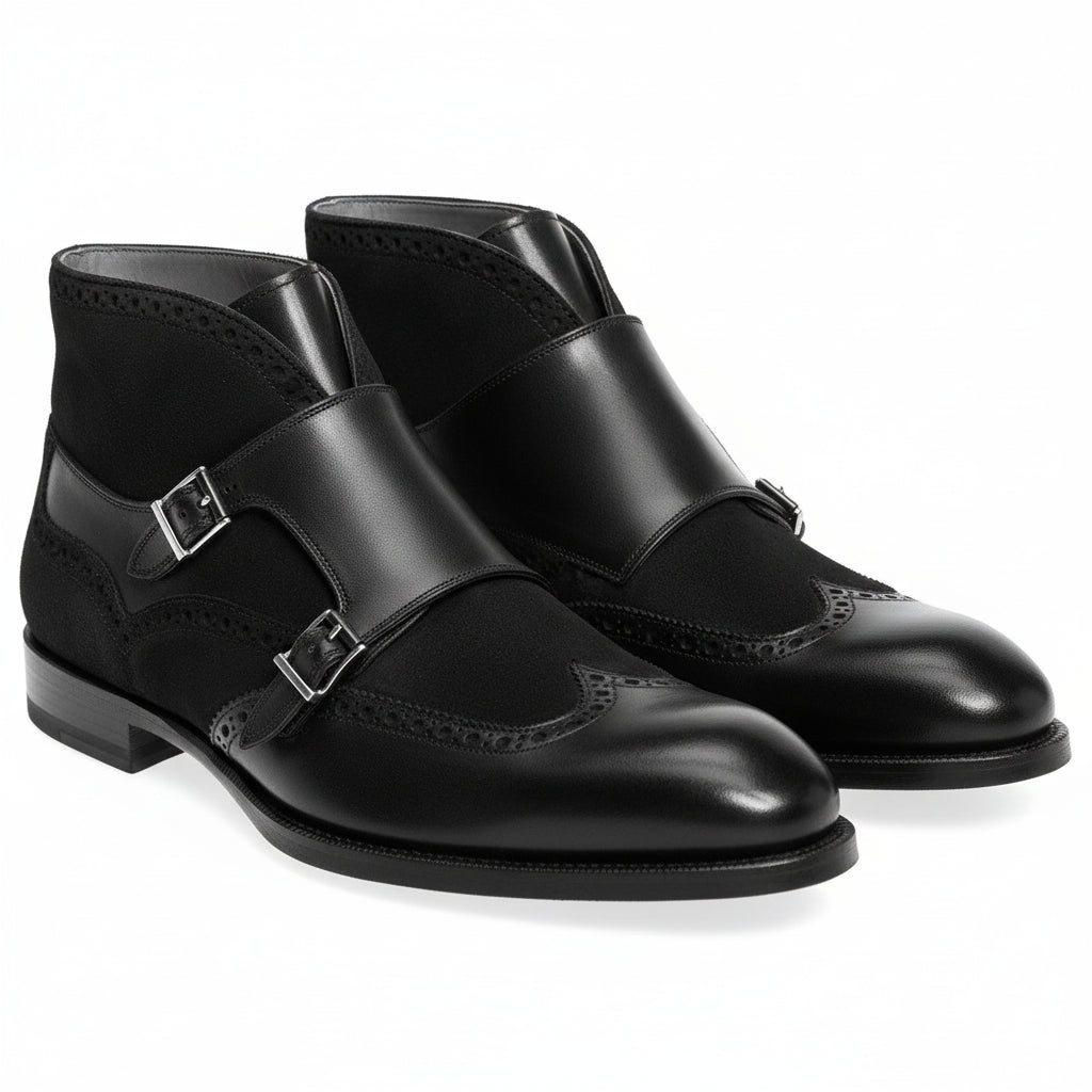 Men's Black Leather Monk Strap Chukka Boots - three-quarter-view