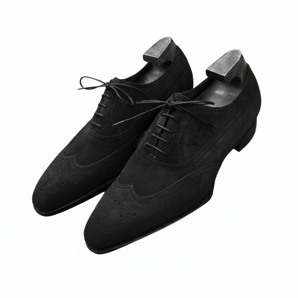 Men's Black Suede Wingtip Dress Shoes - three-quarter-view