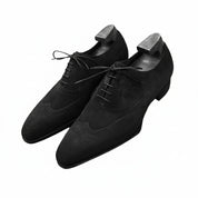 Men's Black Suede Wingtip Dress Shoes - three-quarter-view