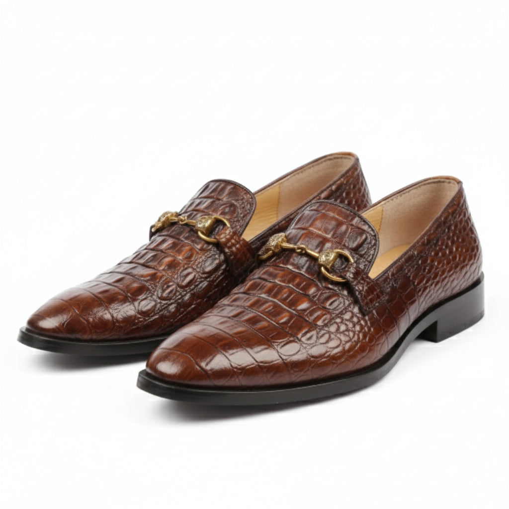 Brown Alligator Texture Moccasin Leather Shoes - three-quarter-view