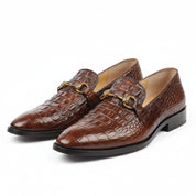 Brown Alligator Texture Moccasin Leather Shoes - three-quarter-view