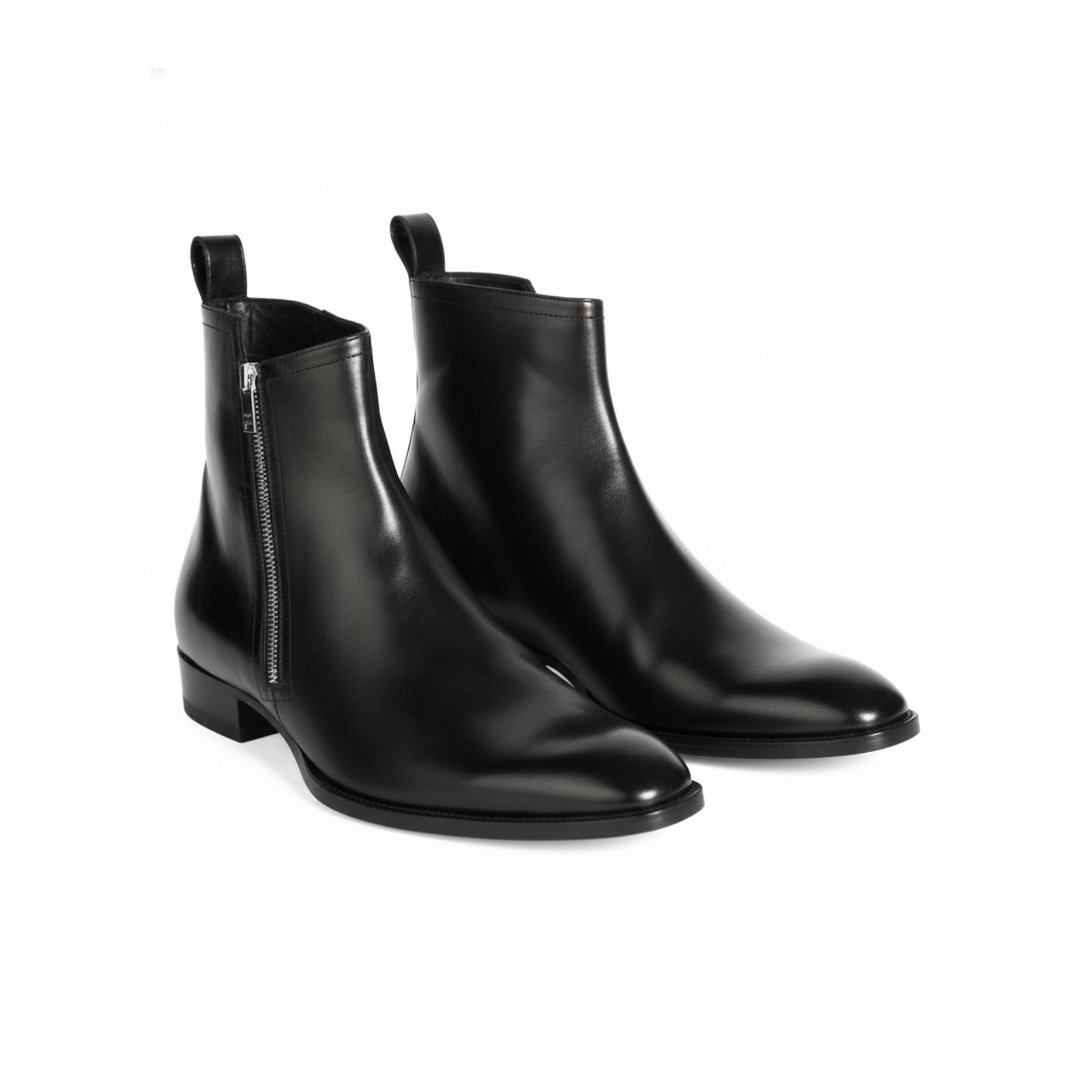Men's Black Leather Chelsea Boots with Side Zipper - three-quarter-view