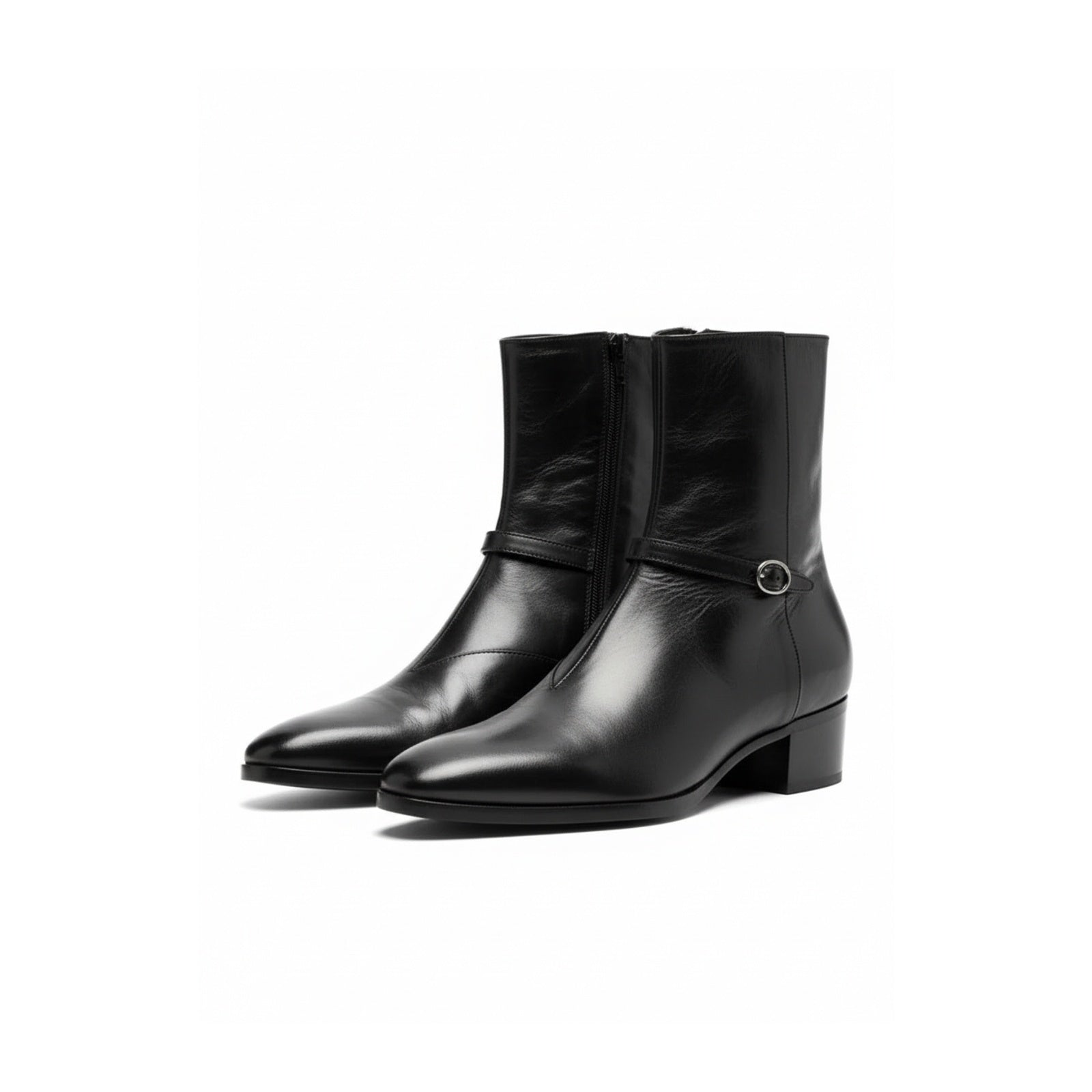 Men's Black Leather High-Heel Zipper Boots - three-quarter-view
