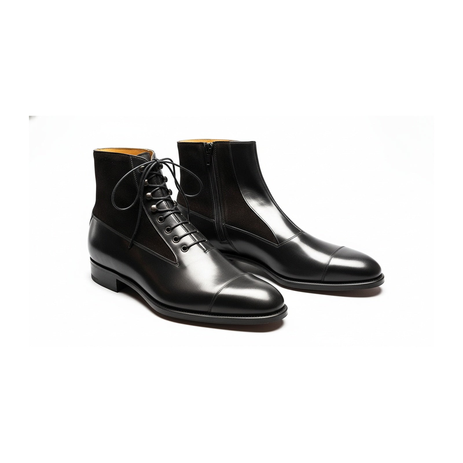 Men's Black Leather Ankle Boots with Cap Toe - three-quarter-view