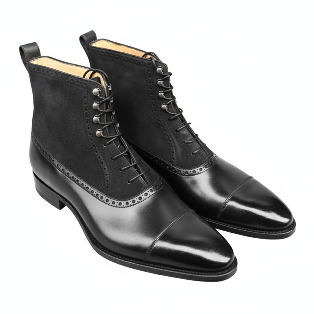 Men's Black Lace-Up Dress Boots in Genuine Leather & Suede - three-quarter-view