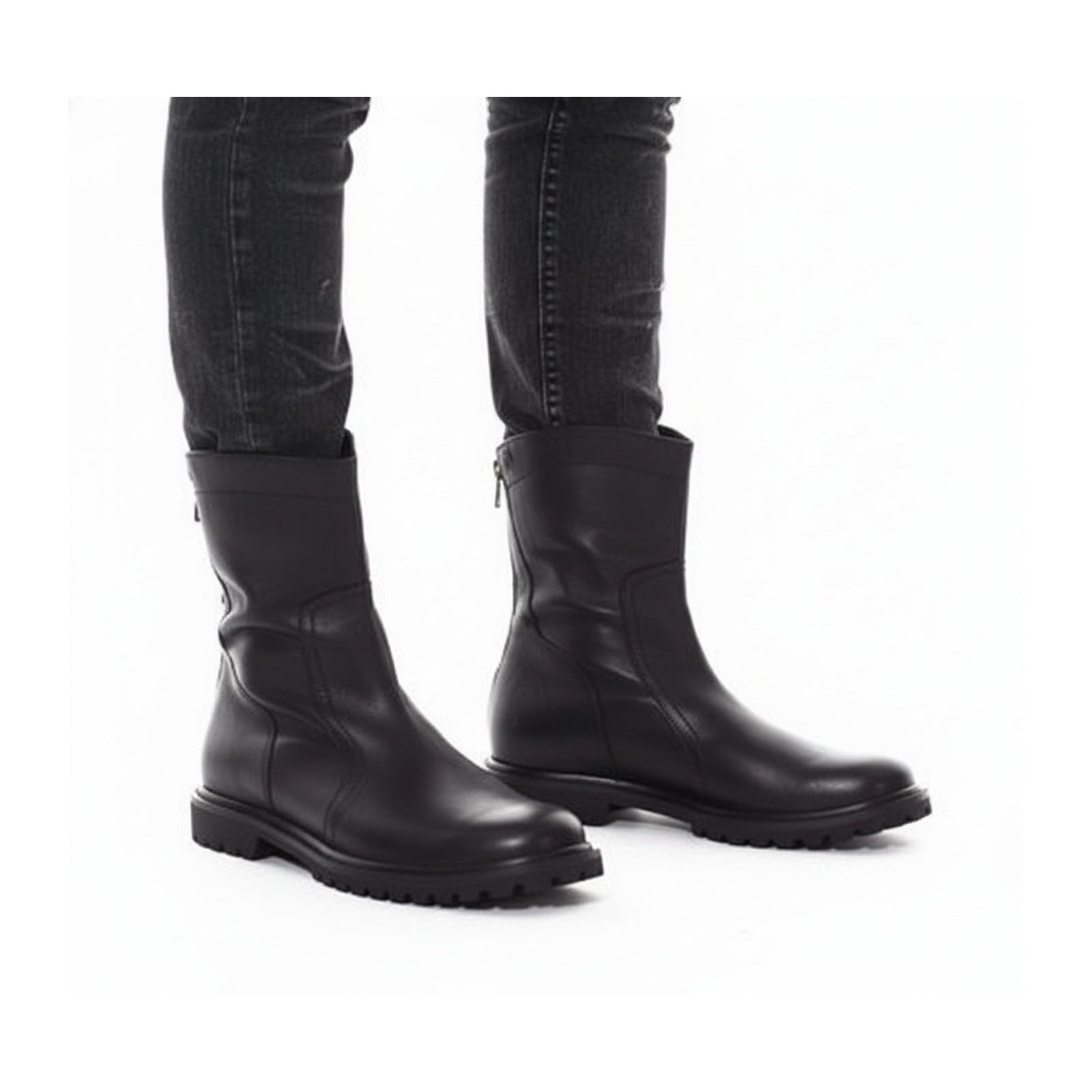 Men's Black Leather Back Zip Boots - three-quarter-view