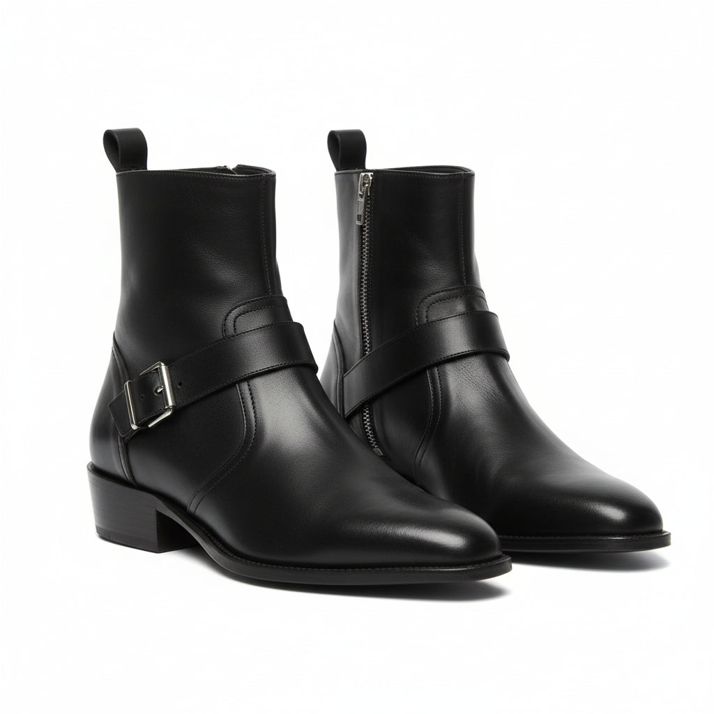 Men's Handmade Black Leather Boots with Side Zipper & Monk Strap - three-quarter-view