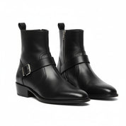 Men's Handmade Black Leather Boots with Side Zipper & Monk Strap - three-quarter-view