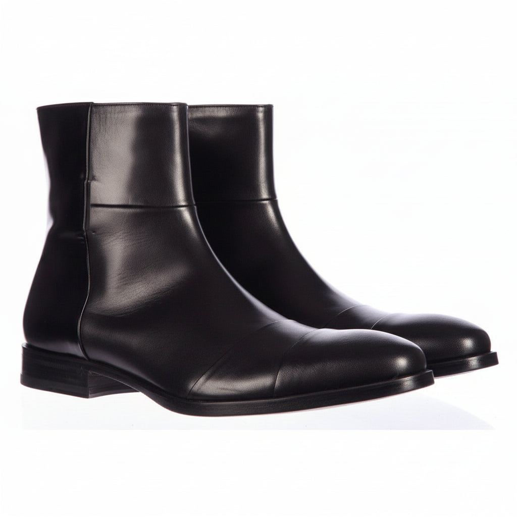 Men's Handmade Black Leather Side Zipper Boots with Ankle Design - three-quarter-view