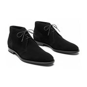 Men's Handmade Black Suede Chukka Boots with Luxurious Craftsmanship - three-quarter-view
