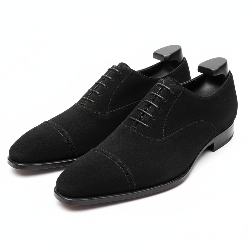 Men's Black Suede Oxford Dress Shoes - three-quarter-view