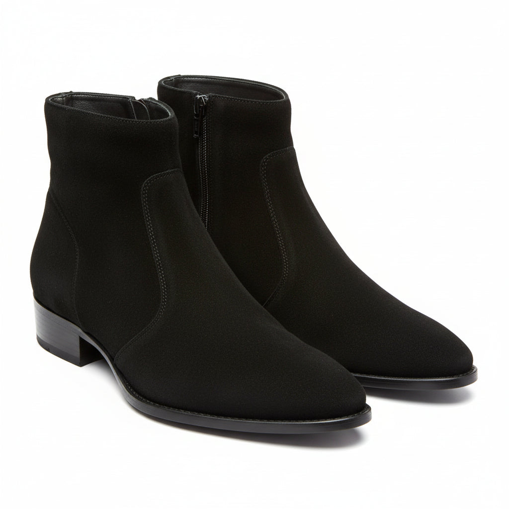 Men's Black Suede Zipper Boots - three-quarter-view