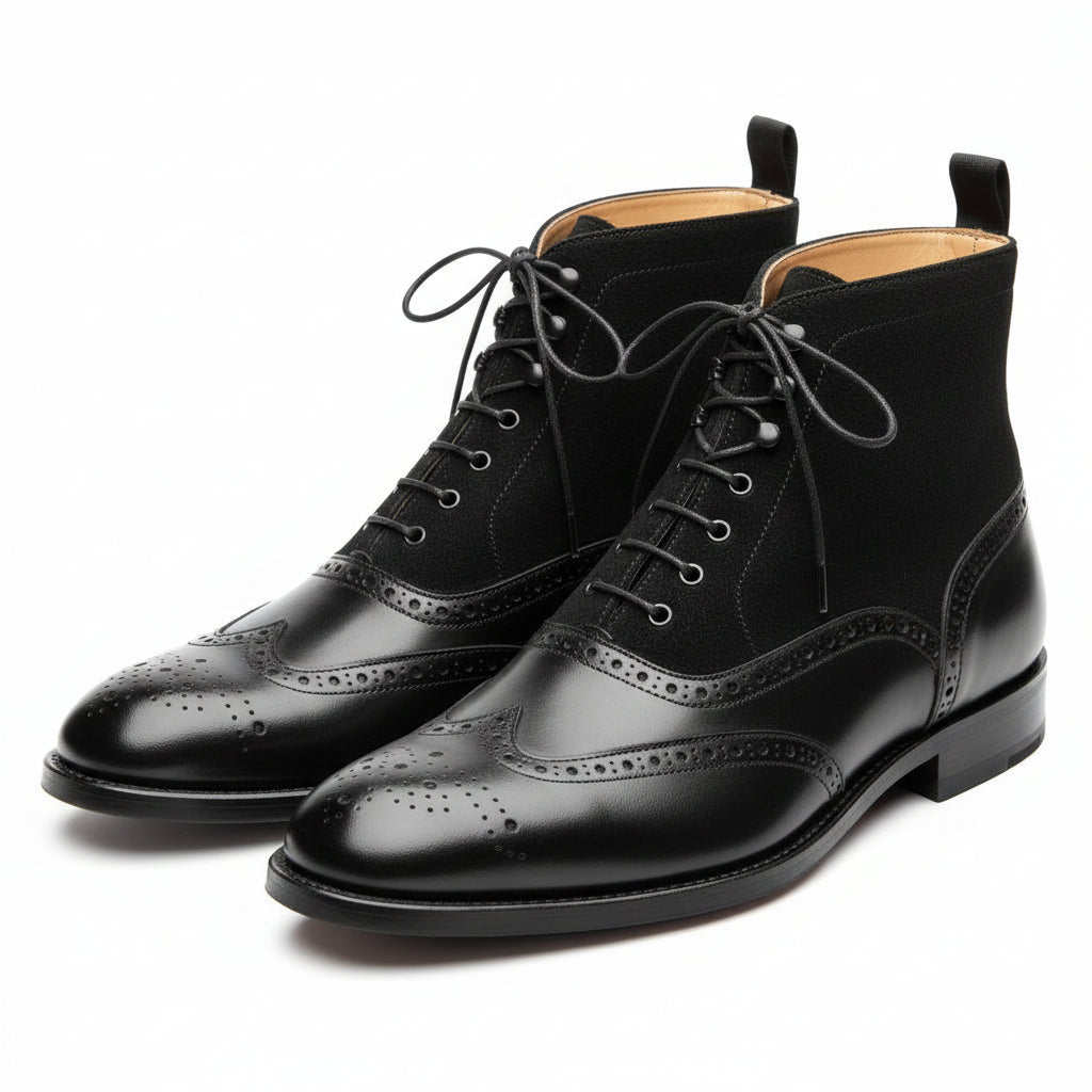 Men's Black Leather Wingtip Brogue Boots - three-quarter-view