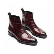 Men's Burgundy Crocodile Leather Zipper Boots - three-quarter-view