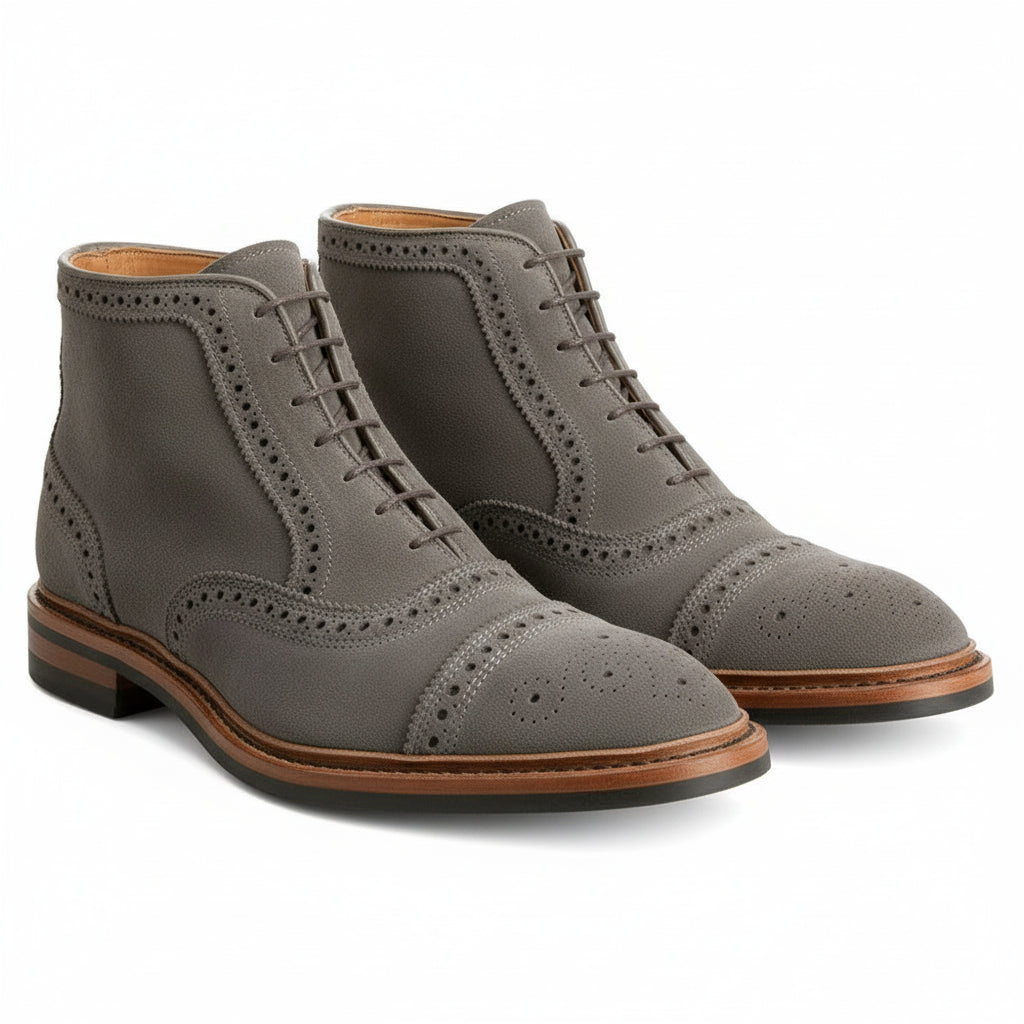 Men's Gray Suede Dress Boots with Lace-up Closure - three-quarter-view