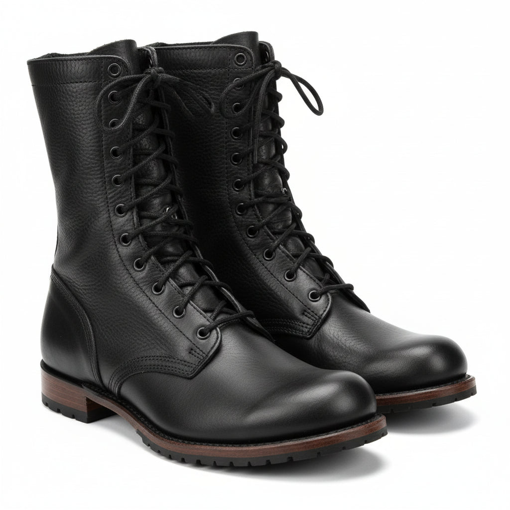 Men's Black Punk Combat Leather Boots - three-quarter-view