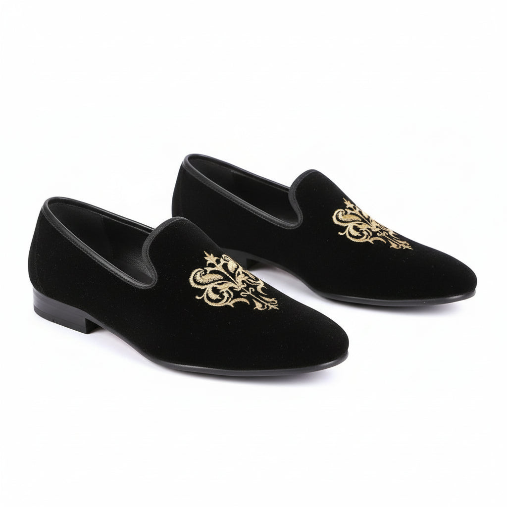 Men's Black Velvet Embroidered Loafers with Leather Sole - three-quarter-view