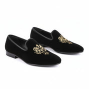 Men's Black Velvet Embroidered Loafers with Leather Sole - three-quarter-view
