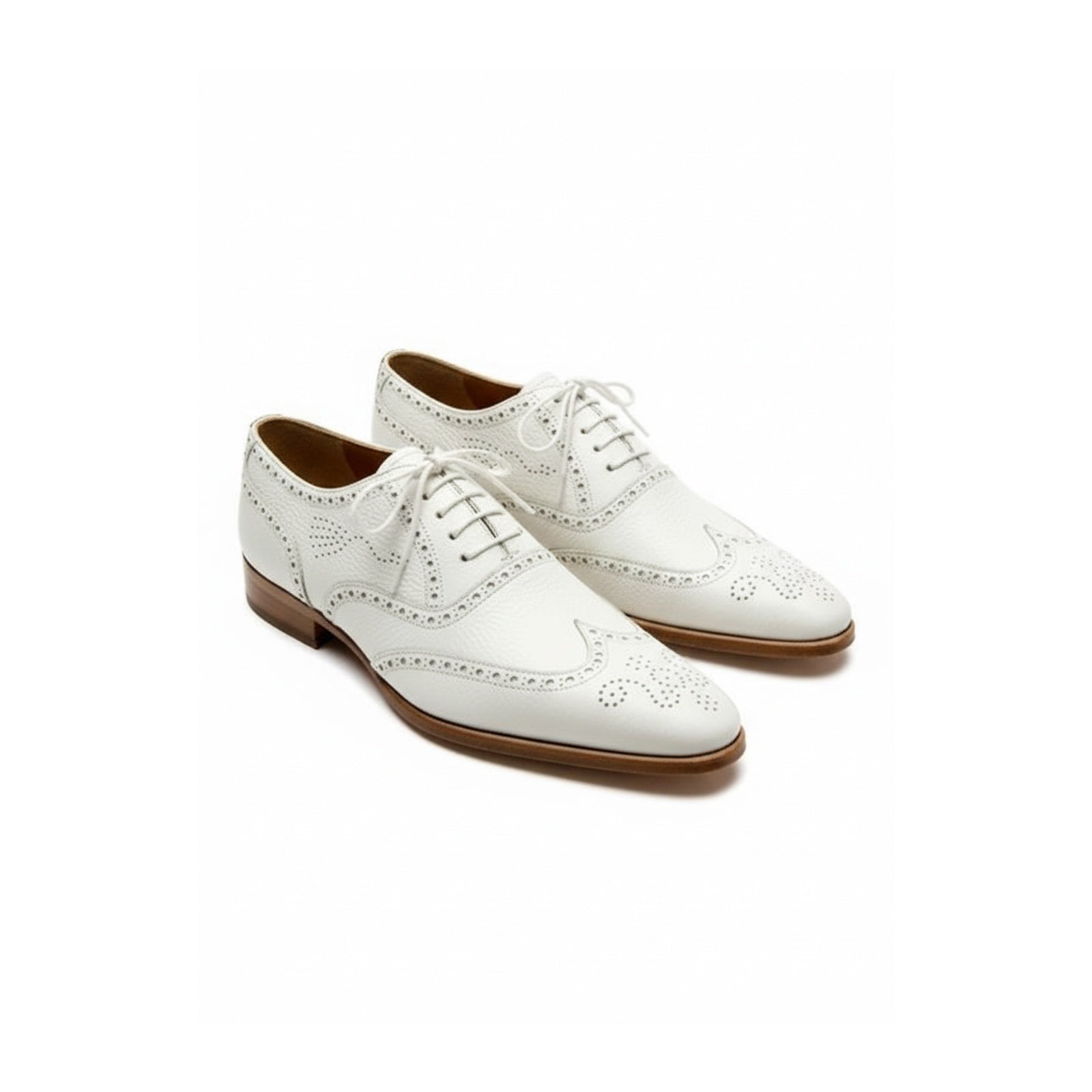 Men's White Leather Wingtip Brogue Dress Shoes - three-quarter-view