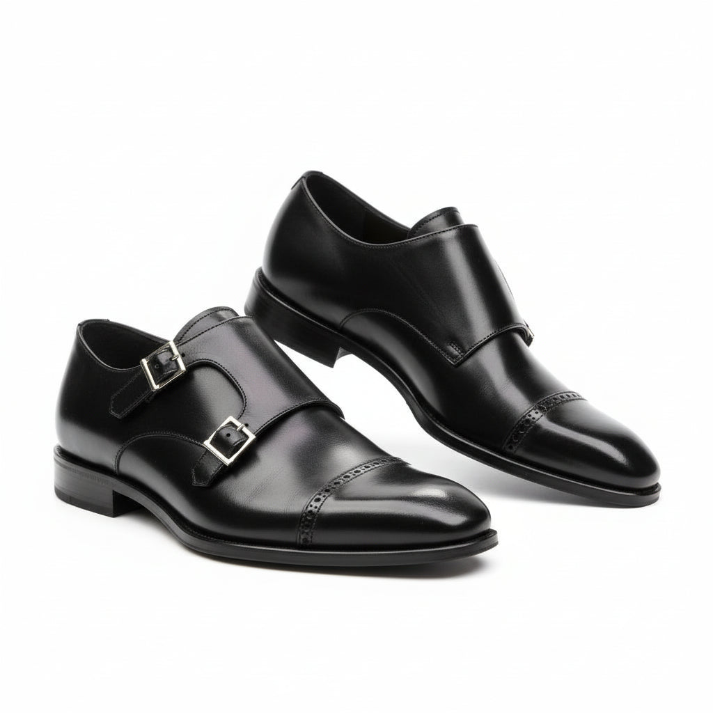 Men's Black Leather Monk Strap Shoes - three-quarter-view