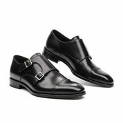 Men's Black Leather Monk Strap Shoes - three-quarter-view
