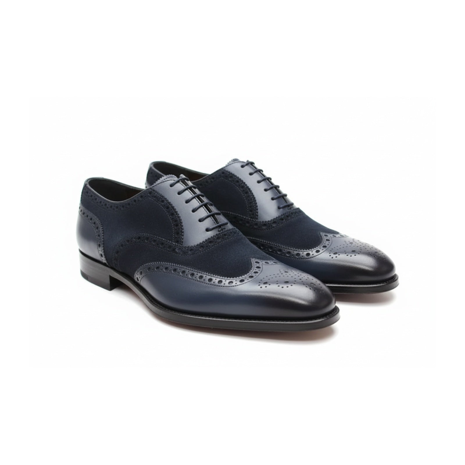 Men's Black Suede & Leather Wingtip Shoes - three-quarter-view