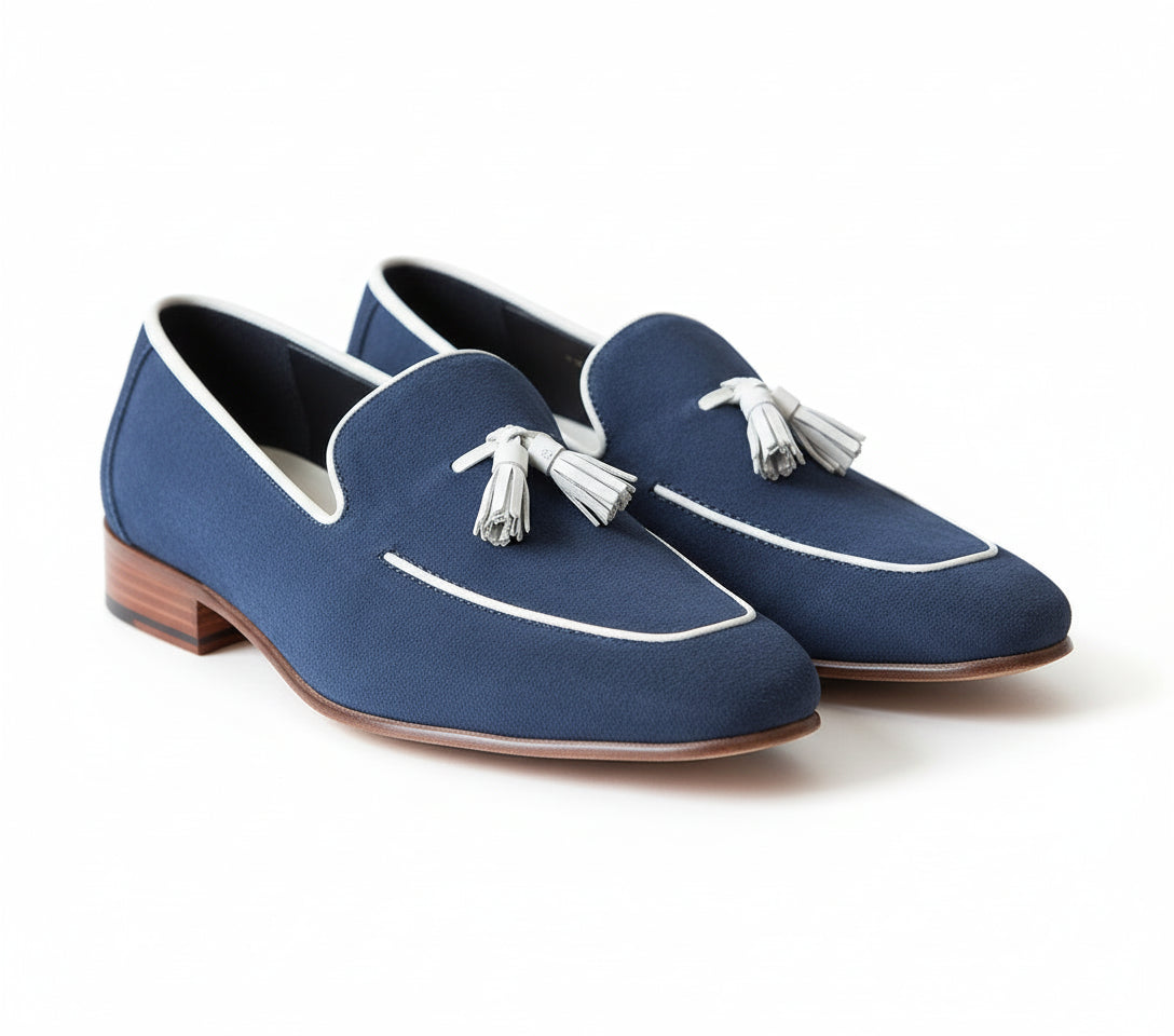 three-quarter-view - Handmade Men Navy Blue Suede Leather Tassels Moccasins Shoes Loafer Silpons