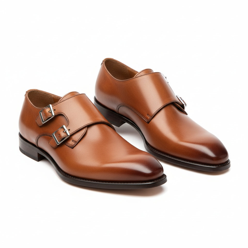 Men's Tan Brown Leather Double Monk Chukka Boots - three-quarter-view