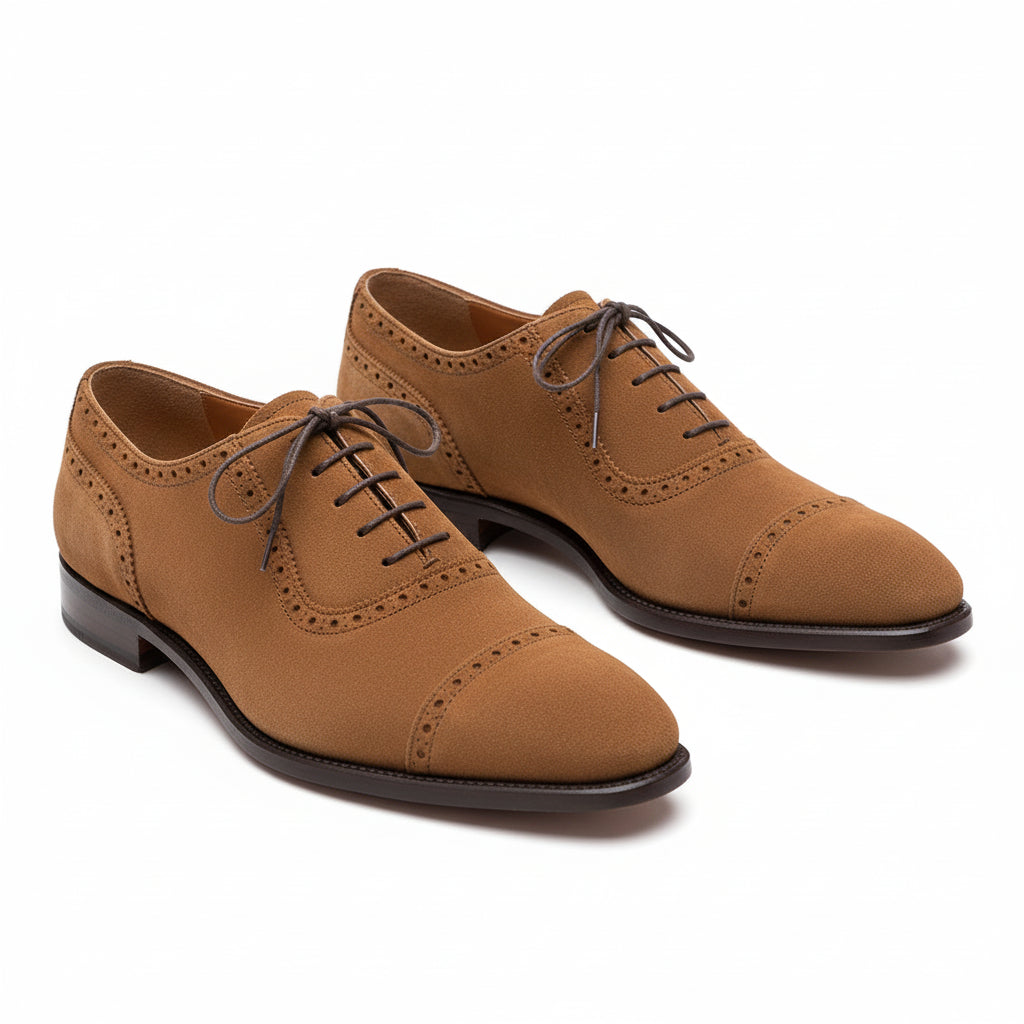 Handmade Mens Beige Color Suede Brogue Dress Shoes, Men Oxford Formal Shoes - three-quarter-view